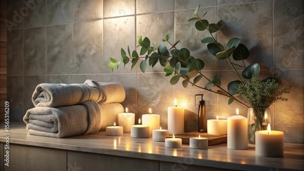 Fototapeta Serene Spa Setting with Softly Lit Candles and Fluffy Towels