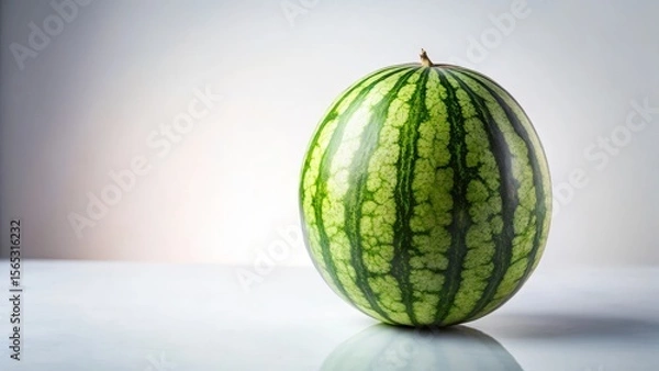 Fototapeta A Single, Ripe Watermelon Rests on a Smooth Surface, Displaying its Vibrant Green Rind and Dark Green Stripes, a Symbol of Summer's Sweetness and Refreshment.