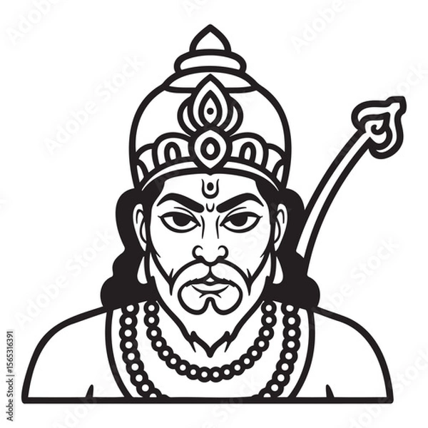 Fototapeta Line art illustration of Hanuman with a powerful expression and traditional attire