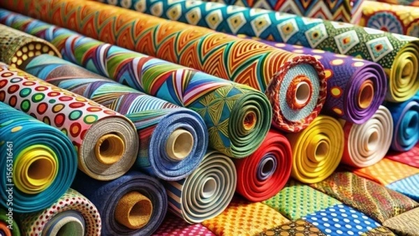 Fototapeta Vibrant Rolled Fabrics Displaying a Kaleidoscope of Bold Patterns and Colorful Designs for Textile and Fashion Applications