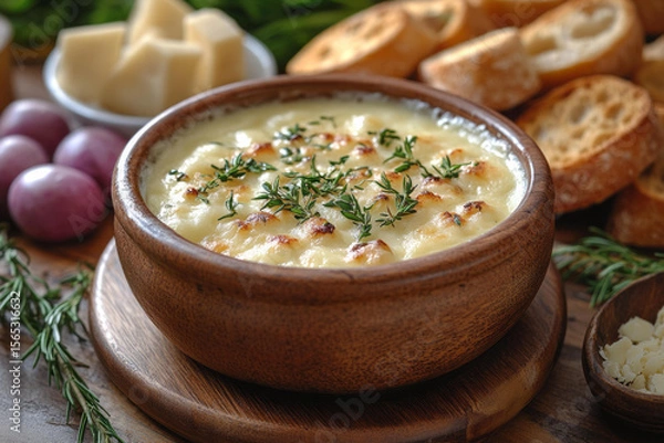 Obraz Creamy cheese fondue in wooden bowl topped with herbs surrounded by cheese, grapes and bread slices