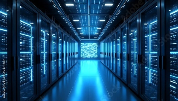 Fototapeta Data center corridor with illuminated server racks and blue LED lights