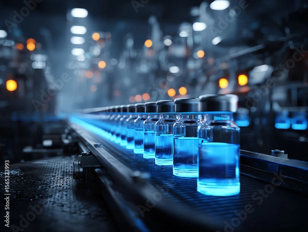 Fototapeta Vials on a conveyor belt in a dark factory.