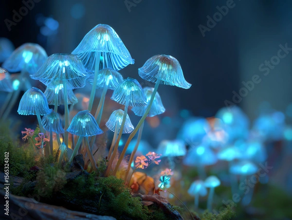 Fototapeta Illuminated mushrooms glow in a dark forest.