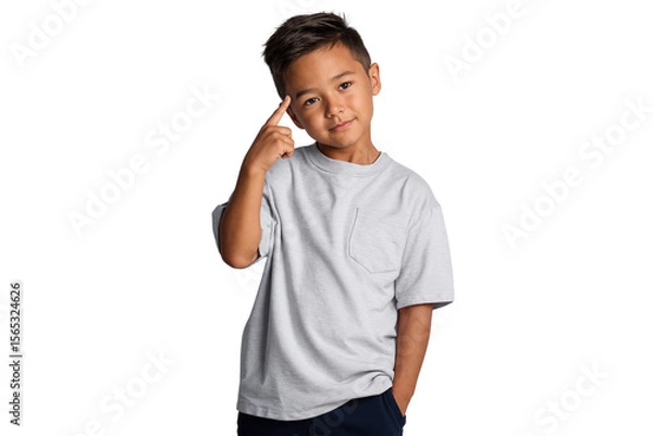 Fototapeta Smart Asian boy pointing to his temple in a thinking gesture. Concept for education, learning, intelligence, and problem-solving