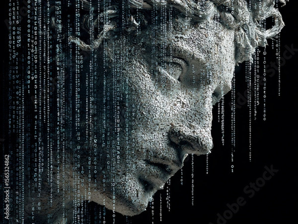 Fototapeta Abstract statue with digital rain effect.