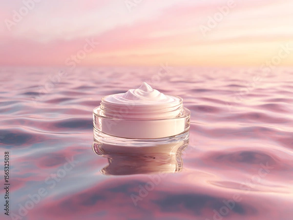 Fototapeta Luxury cream jar floating on tranquil waves.