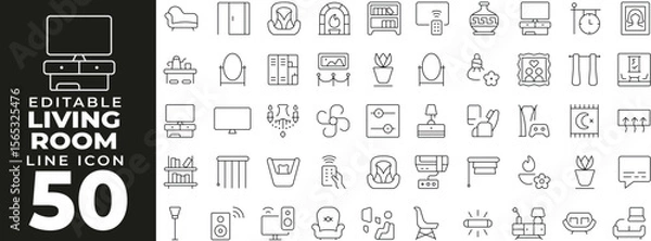 Obraz Living room set of web icons in line style. Living room linear icons collection. Containing sofa, TV, coffee table, lamp, curtain, bookshelf, rug, home decor. Editable stroke