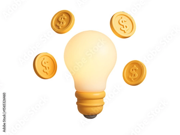 Fototapeta 3D Glowing Light Bulb with Floating Dollar Coins Representing Creative Business Idea and Financial Innovation Isolated on Transparent Background
