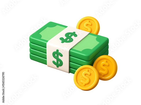 Fototapeta 3D Bundle of Green Dollar Bills with Gold Coins for Finance and Investment Concepts Isolated on Transparent Background