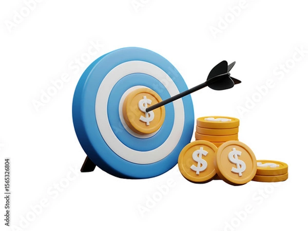 Fototapeta 3D Dollar Coin Bullseye on Blue Target with Arrow and Gold Coins for Business and Financial Success Concepts Isolated on Transparent Background