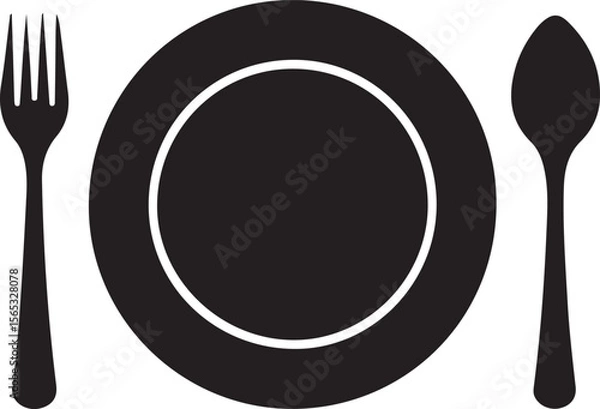 Obraz Dinner Plate with Fork and Spoon Silhouette Vector Illustration on Transparent Background