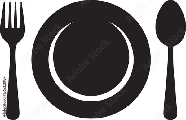 Fototapeta Dinner Plate with Fork and Spoon Silhouette Vector Illustration on Transparent Background