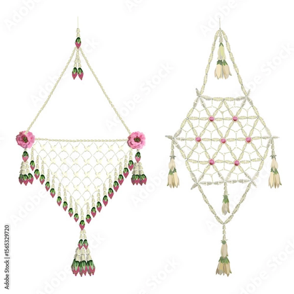 Obraz Traditional Thai Floral Hanging Decoration with Jasmine Garlands, Lotus Buds, and Ornamental Cultural Handcrafted Designs. Rose means in front of the elephant,  Champaka mean fragrance on side
