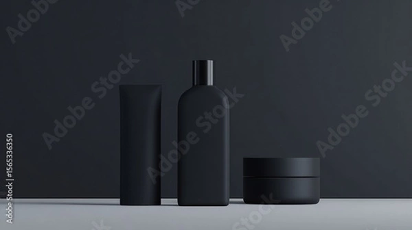 Fototapeta Black matte cosmetic packaging, mockup with three bottles and jars of product standing on the table. Minimalist design. Dark background. Front view.