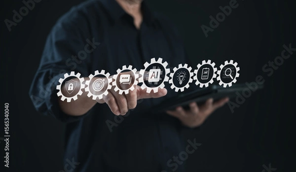 Fototapeta Businessman selecting interconnected gear icons for security, target, AI, data, and performance, symbolizing smart automation, workflow efficiency, and digital transformation.