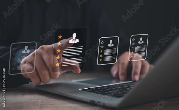 Fototapeta Professional evaluating multiple resumes on a digital interface with star ratings, representing candidate selection, employee evaluation, and recruitment quality analysis through digital platforms.