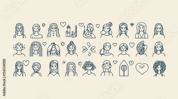 Obraz Bundle of Fifty Feminism Line Style Icons Flat