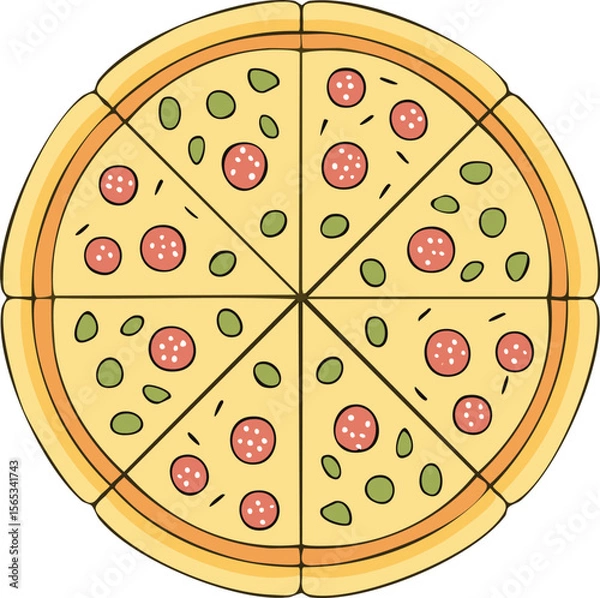 Obraz Overhead view of a pizza with pepperoni, olives, and herbs.
