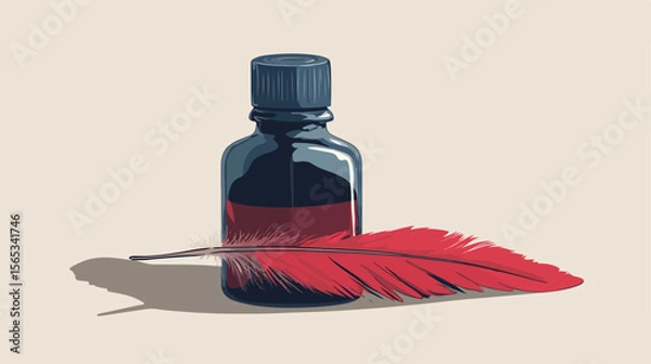 Obraz Vintage Ink Bottle with Feather Flat Vector Illustration
