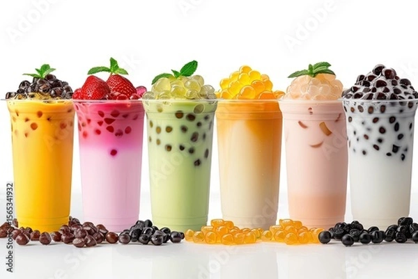 Fototapeta Vibrant Image of Selection of Tapioca Bubble Tea on White Background