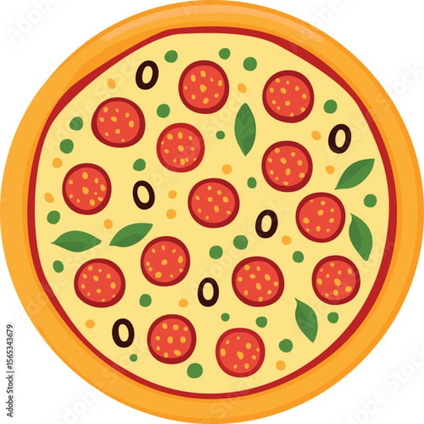 Obraz Overhead view of a pizza with pepperoni, olives, and herbs.