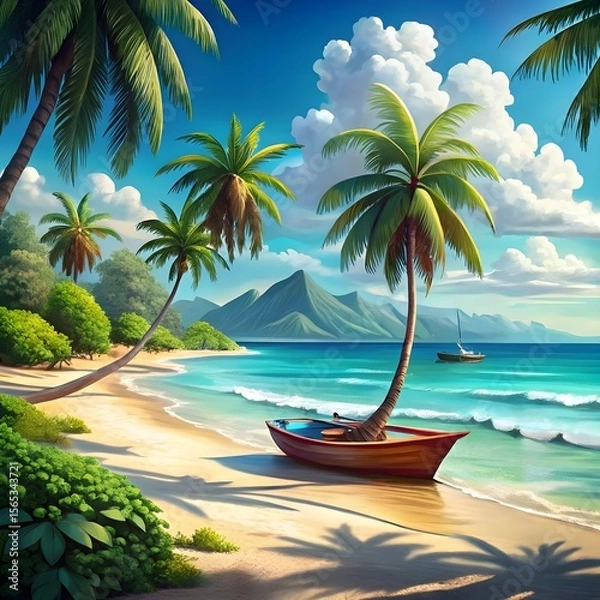 Fototapeta tropical beach with a boat and palm trees
