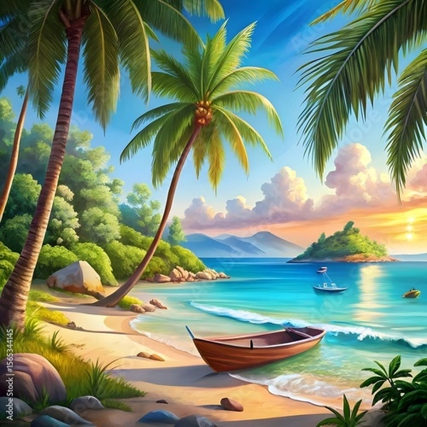 Fototapeta tropical beach with a boat and palm trees