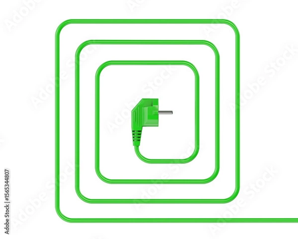 Fototapeta Green power plug with a cable shaped into geometric, square-style turns. Isolated on transparent background. 3D illustration.