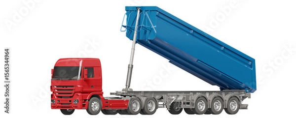 Fototapeta Tipper truck isolated on transparent background. Orthogonal view. 3D illustration