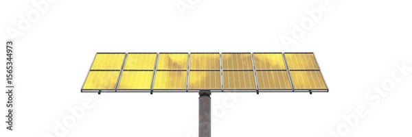Fototapeta Bottom view of large solar panel installed on a concrete pillar. Sun panel reflecting the vibrant sunset sky and clouds. Isolated on a transparent background. 3D illustration.