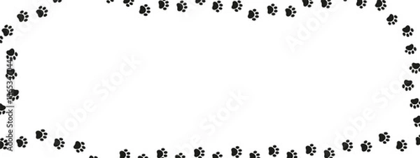 Fototapeta Rectangular paw print frame with blank center for text or image. Black dog or cat paw silhouette border. Perfect for pet shop ads, websites, flyers, or decoration. Vector illustration.