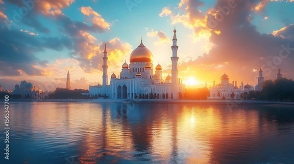 Obraz Beautiful mosque reflected on water at sunset with golden domes and peaceful skies photo
