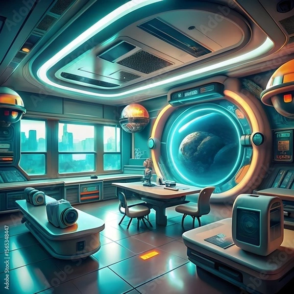 Fototapeta view of futuristic and high tech classroom for students