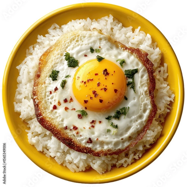 Fototapeta Sunny-Side Up Delight: A beautifully composed shot features a single, perfectly cooked sunny-side-up egg resting on a bed of fluffy, white rice.
