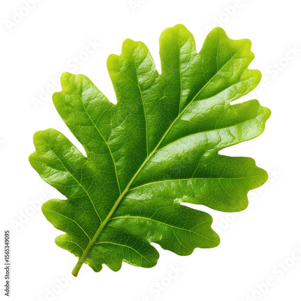 Fototapeta Oak Leaf in Detail: A vibrant oak leaf, a symbol of strength, resilience, and the beauty of the natural world, showcases its intricate textures and vibrant green hue.