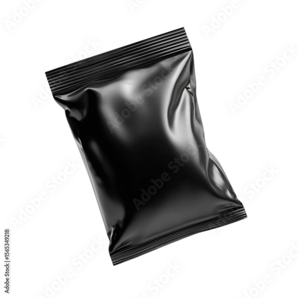 Fototapeta Sleek Black Sachet: A blank black sachet, sealed to perfection, poised for branding and ready to showcase product appeal and quality.