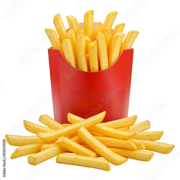 Fototapeta French fries in red box and some scattered, isolated on transparent background. Snack, fast food, lunch or dinner. Helathy or unhealthy diet, food industry