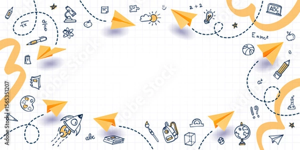 Fototapeta School background with frame of hand drawn education elements and paper planes on white checkered notebook paper. Sketch border, creative banner template for back to school theme, education concept.