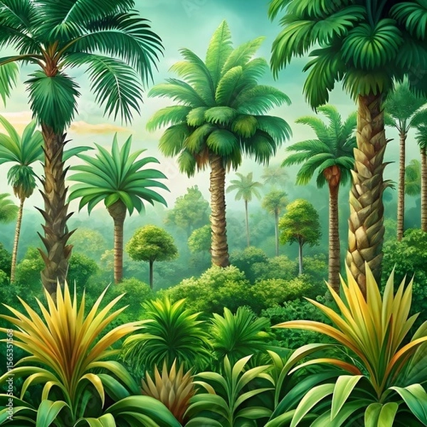 Fototapeta view of green palm tree species with beautiful fol