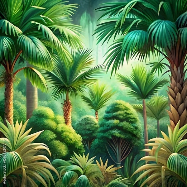 Fototapeta view of green palm tree species with beautiful fol