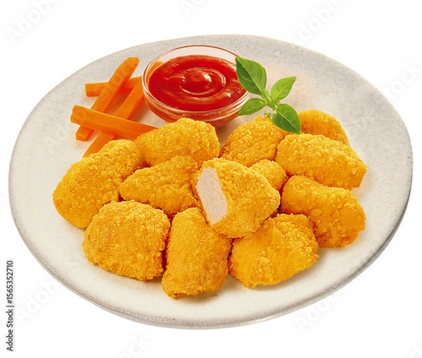 Fototapeta prato com pedaços de frango empanados acompanhado de molho ketchup isolado em fundo transparente