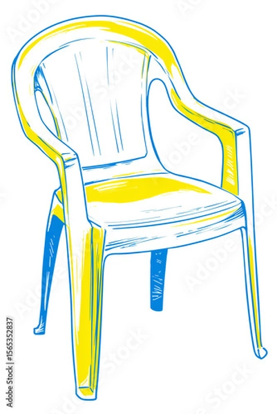 Fototapeta Simple vector sketch of a plastic chair in bright yellow and blue, highlighting casual seating and outdoor furniture, perfect for illustrating everyday objects