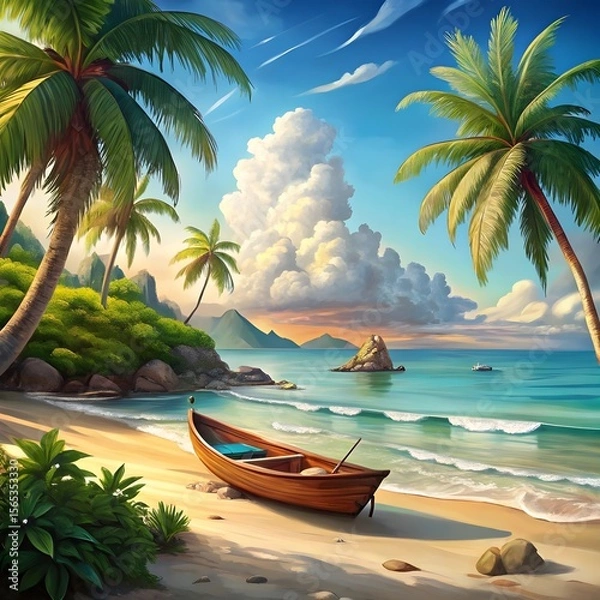 Fototapeta tropical beach with a boat and palm trees