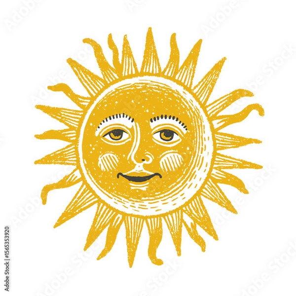 Fototapeta A vibrant vintage sun with a cheerful face and radiating rays, symbolizing warmth, summer, and positive energy, perfect for retro designs or celestial themes

