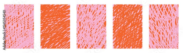 Fototapeta Funky vector doodle sketch set. Orange pink abstract scribbles with wavy crayon lines. Hand drawn messy textures for kids art. Twisted chaotic backgrounds with expressive scrawl stripe design