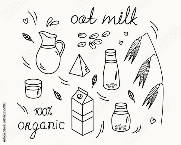 Obraz Oat Milk doodle with oats branch, seeds, glass paper bottles with dairy product. Hand drawn clip art with vegetable organic milky products for label, logo. Design lactose free vegetarian cereal drink
