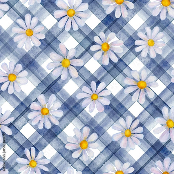 Obraz Watercolor chamomile flowers. Beautiful floral seamless pattern