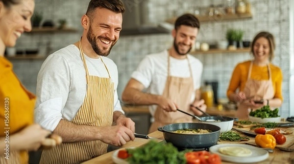 Fototapeta Friends laughing during a cooking class, fun learning, culinary experience