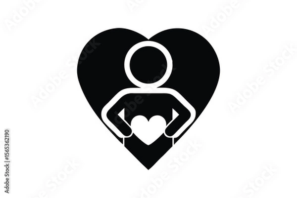 Fototapeta Compassionate Care: Minimalist Black and White Icon of a Person Embracing a Heart, Symbolizing Empathy, Support, and Loving Kindness, Perfect for Healthcare, Charity, and Wellness Branding.